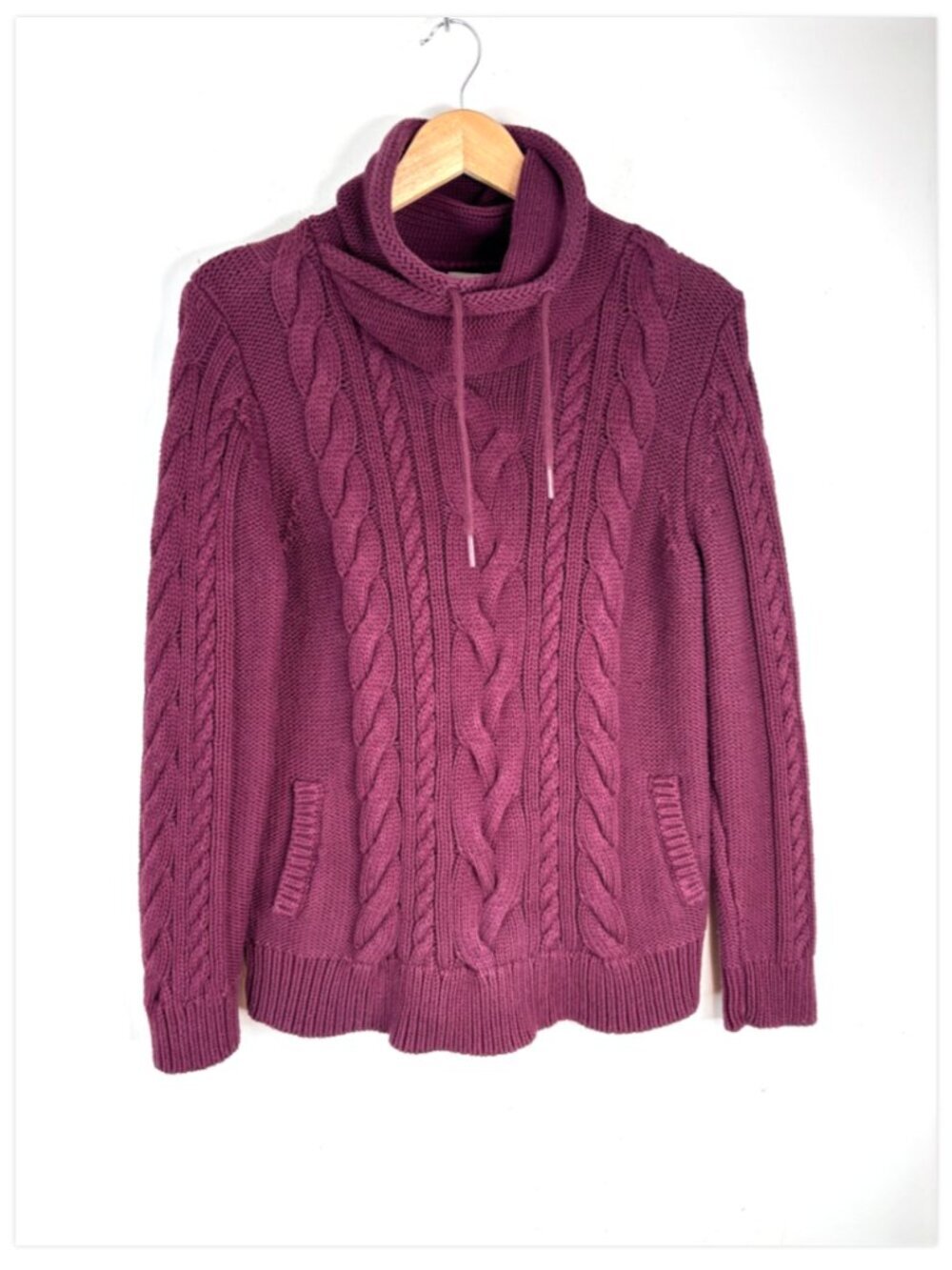 LL Bean Double L Mixed Cable Knit Sweater Women L Funnel Neck Burgundy Pockets